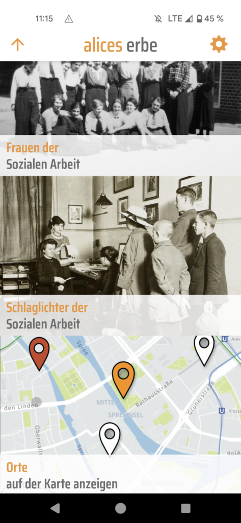 Menüansicht Themenlayer “Alices Erbe” in der Berlin History App